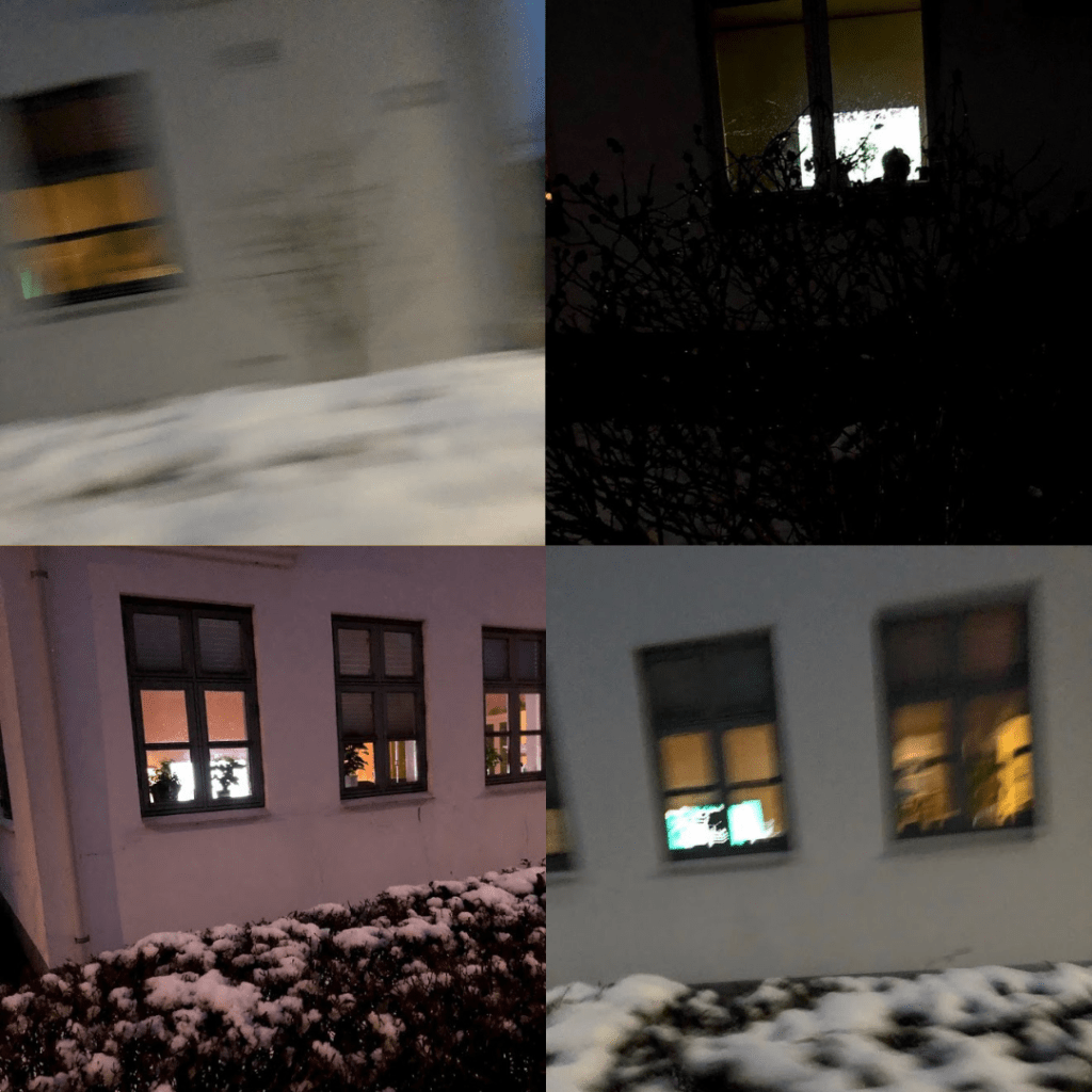 Flader ud på sofaen mens konen putter ungerne. Endnu en ligegyldig fodboldkamp flyder ud af TV’et og jeg beslutter mig for at gå en tur i stedet. Rejser mig. Børster småkagekrummerne af brystkassen. Et sidste lille stykke ligger alene tilbage i den fordybning jeg har efterladt i sofaen. Gemt. Næsten glemt. Mellem puderne. Vinden tager til i det jeg trasker ud i mørket. Folks oplyste stuer lyser gaden op. Alle er hjemme for tiden. Kan ikke lade være med at skule ind. Vindue. Efter vindue. Et enkelt flygtigt blik idet jeg trasker forbi. Alle stuer synes at være skåret over samme tema. Art-print og Ilva-møbler der sirligt indrettes så det passer til fjernsynet. Der fylder. Dominerer billedet ift. stuens størrelse. Styrer. Forstyrrer. Samtalen. Omvendt giver det mig mulighed for at få løbende opdateringer fra den fodboldkamp jeg forlod. Forlænget spilletid i nabolaget. 